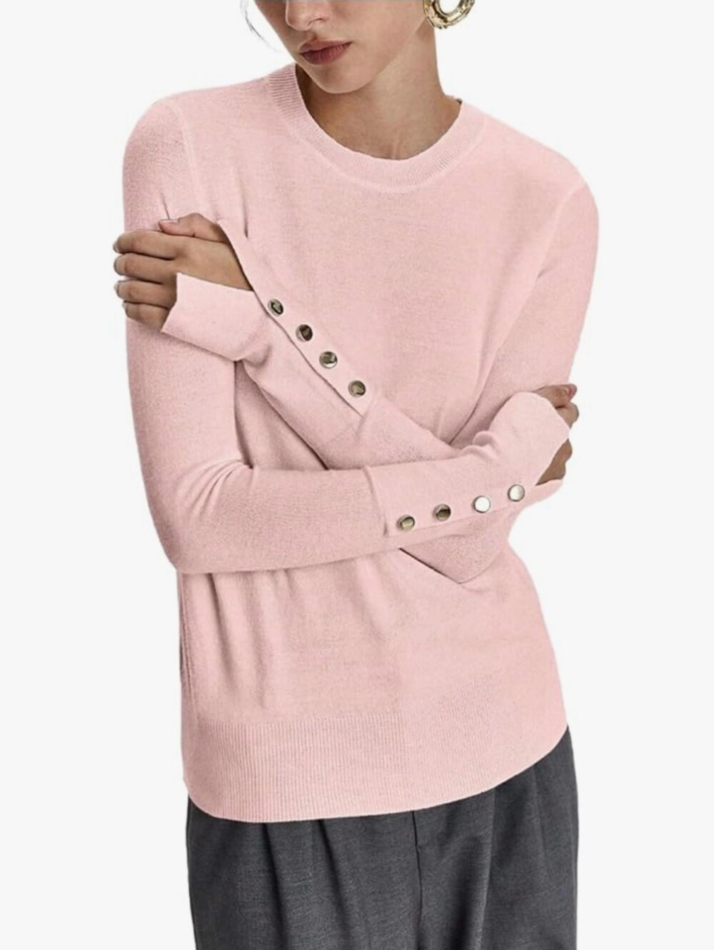 Long Sleeve Crew Neck Knit Tops Metal Buttons Old Money Fall Winter Sweater